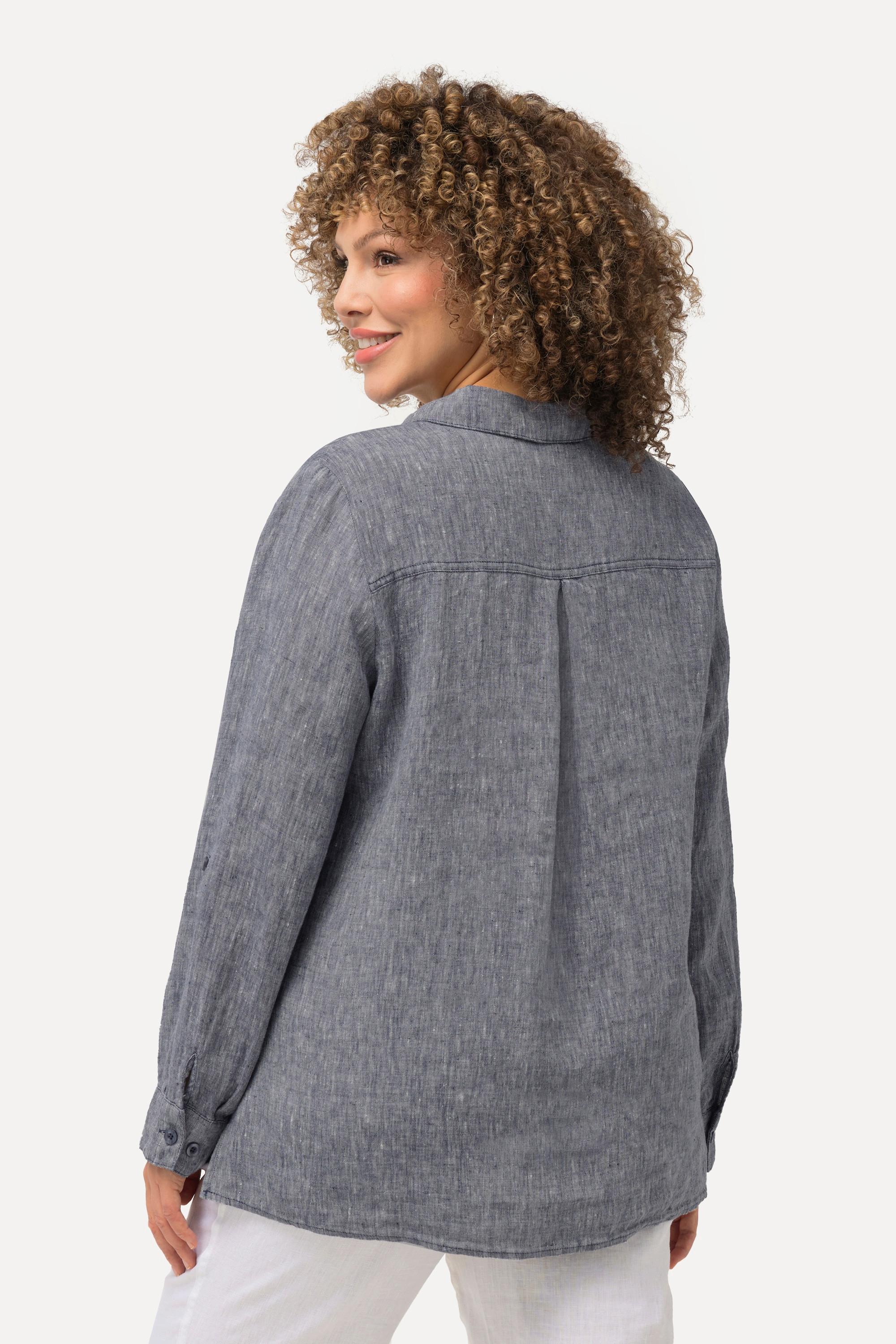 Ulla Popken Chemisier en lin à manches longues et col ouvert  