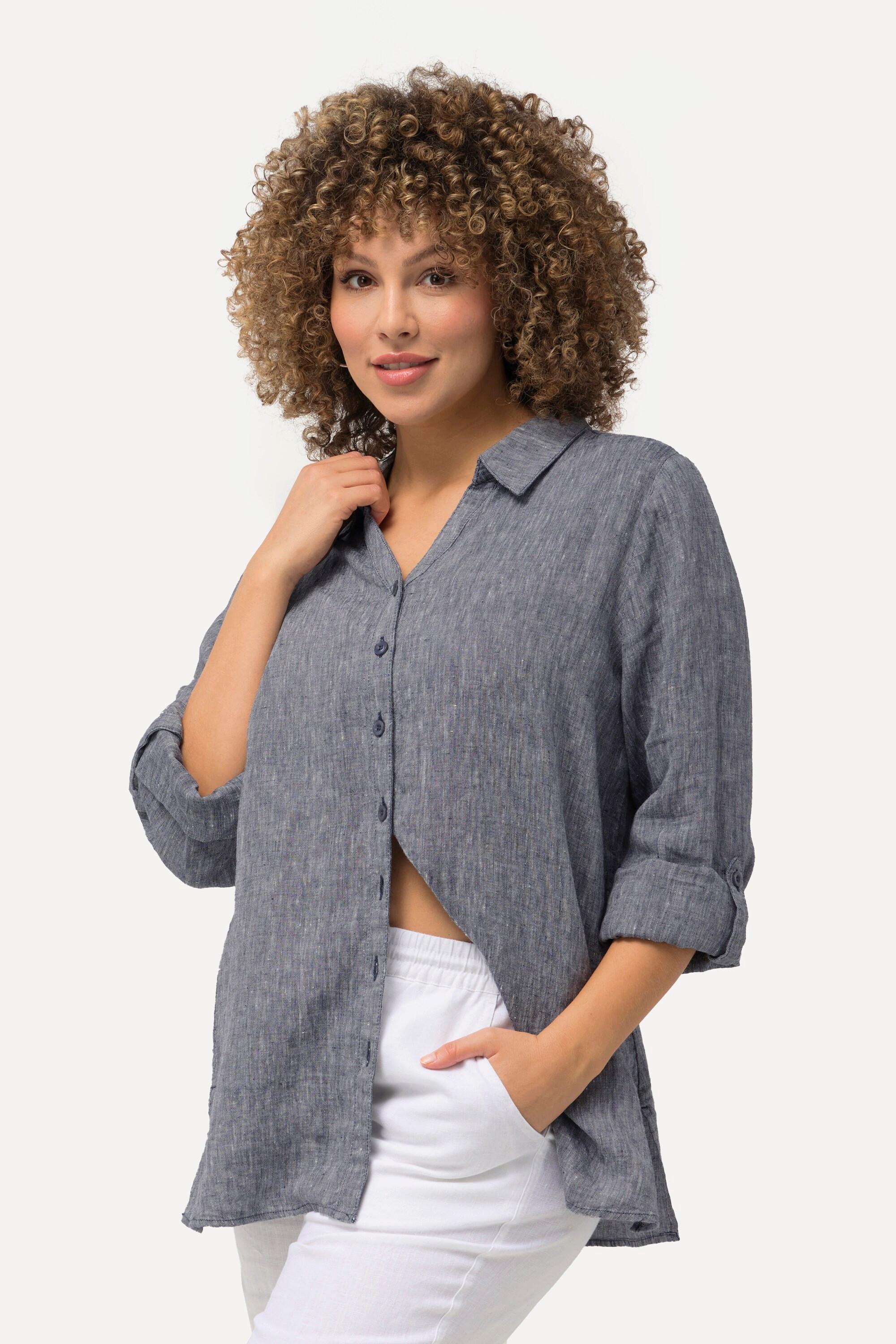 Ulla Popken Blusa in lino a maniche lunghe con colletto aperto  