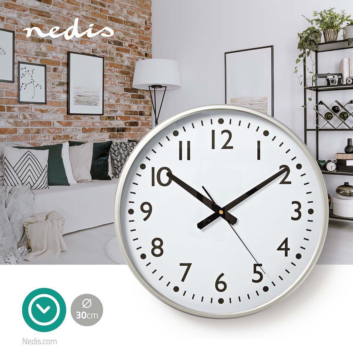 Nedis Horloge murale | Diamètre : 380 mm | Plastique | Argent / Blanc  