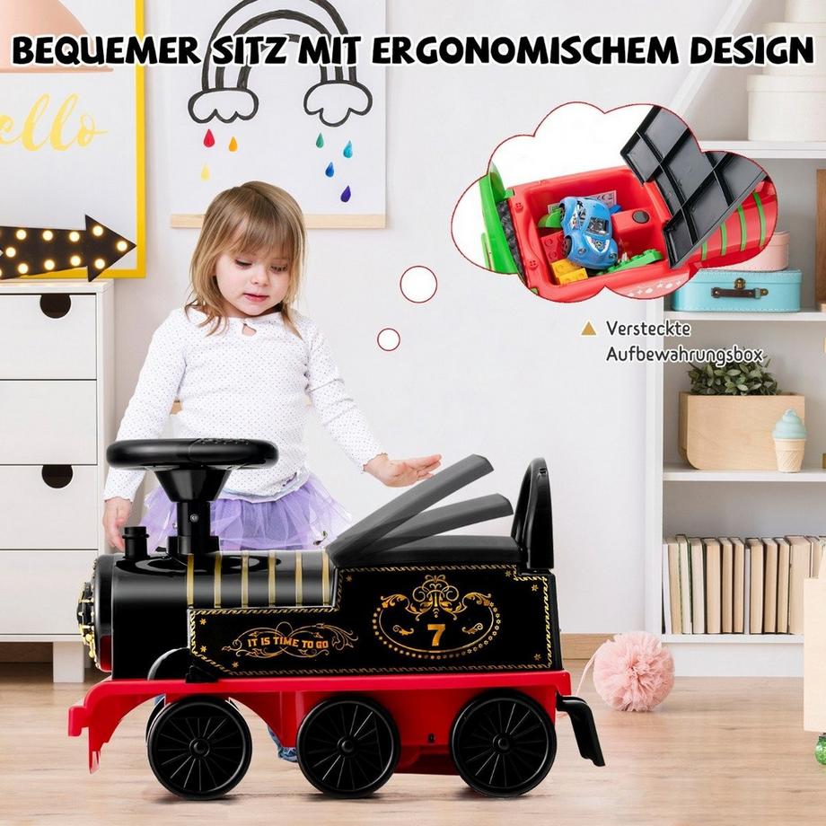 B2X  6V Elektrischer Kinderzug zum Aufsitzen mit Musik Lichter 16 Schienenstücken für Kinder ab 3 J. Schwarz 