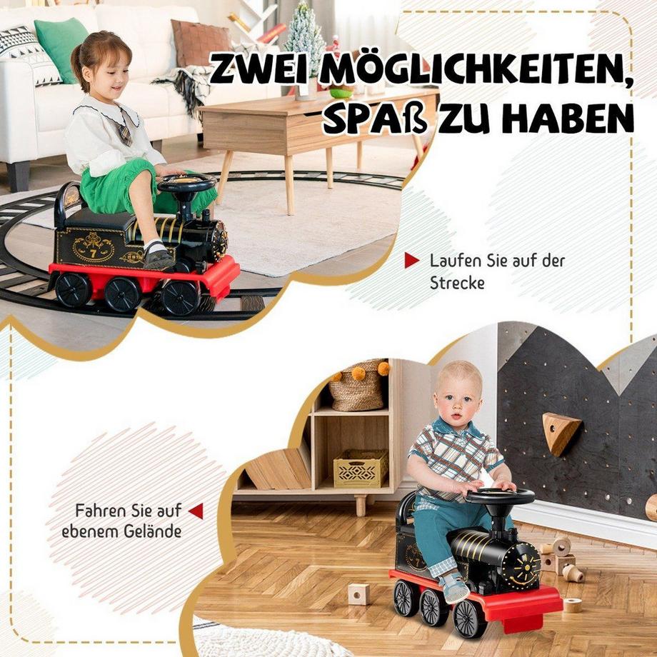 B2X  6V Elektrischer Kinderzug zum Aufsitzen mit Musik Lichter 16 Schienenstücken für Kinder ab 3 J. Schwarz 