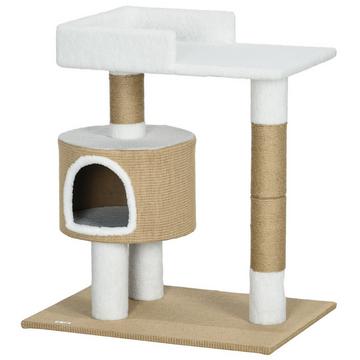 Kratzbaum 79Cm Kleiner Katzenbaum Mit Katzenhöhle & Liegefläche, Für Katzen Bis 8Kg, Jute, Braun/Weiß