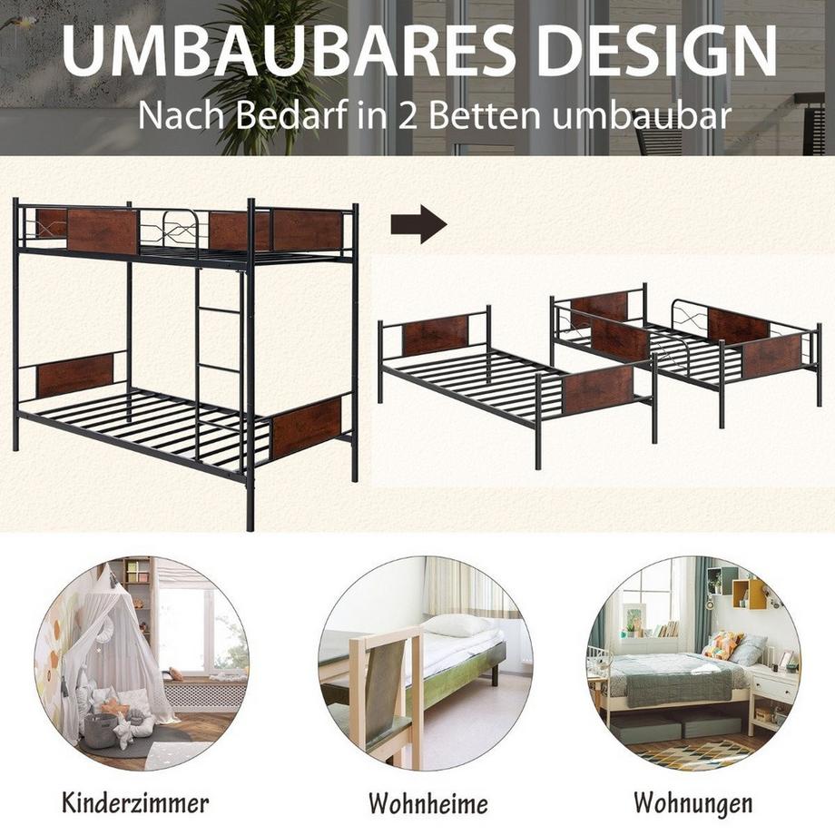 B2X  2-in-1 Umbaubares Doppelstockbett aus Metall mit Leiter & Kippschutz Etagenbett 190 x 90 cm 