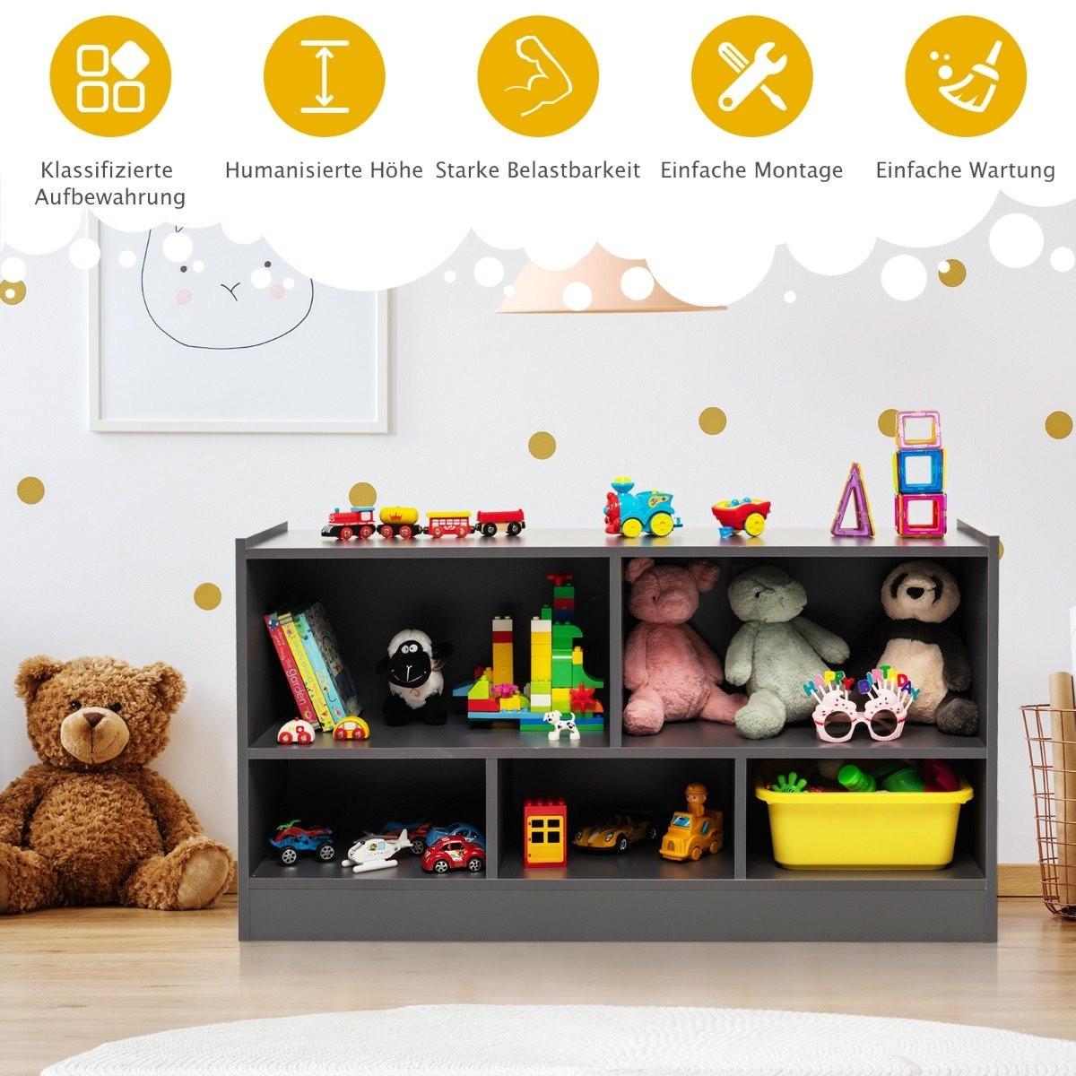 B2X Kinder Spielzeugschrank aus Holz Kinderregal Bücherregal 111 x 30 x 61,5 cm Grau  