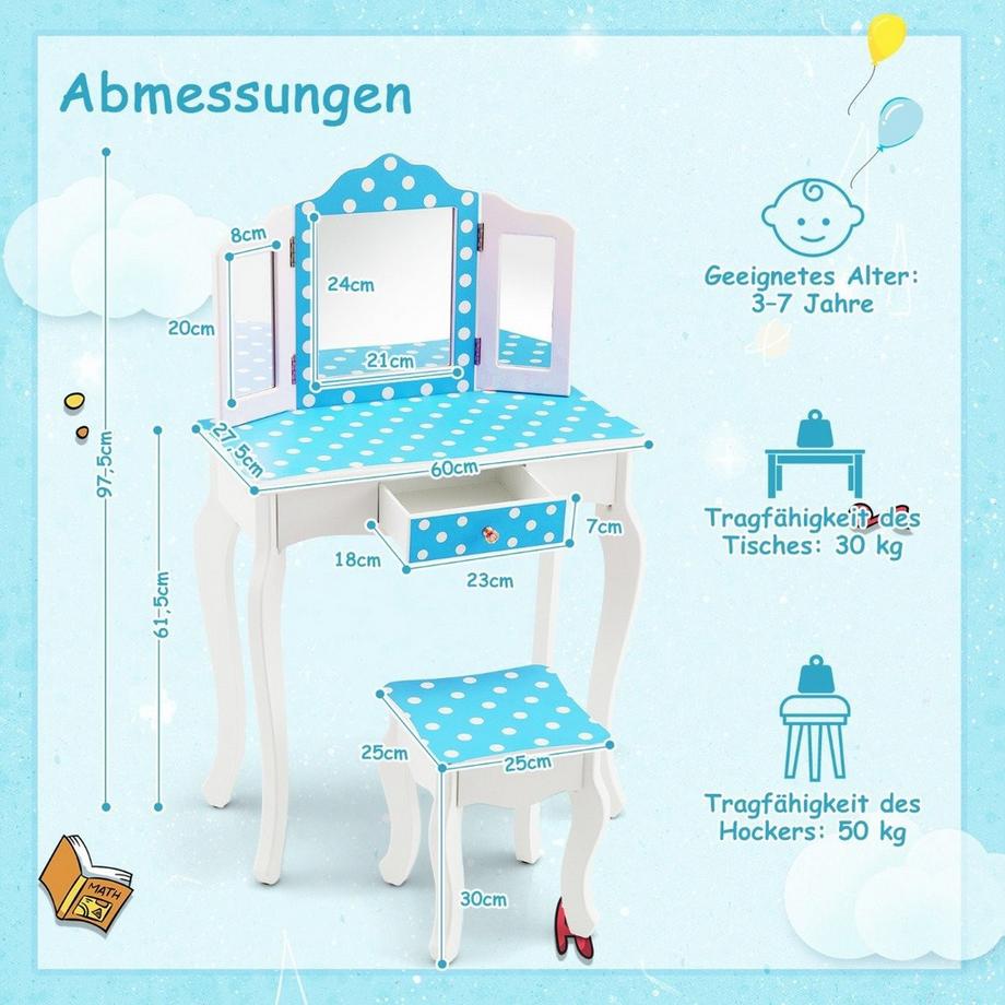 Northix  Coiffeuse enfant 2 en 1 avec tabouret & miroir triple rabattable & tiroir dot bleu 