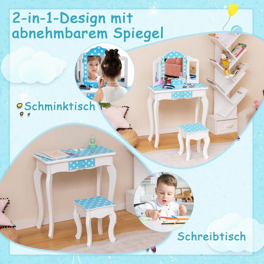 Northix  Coiffeuse enfant 2 en 1 avec tabouret & miroir triple rabattable & tiroir dot bleu 