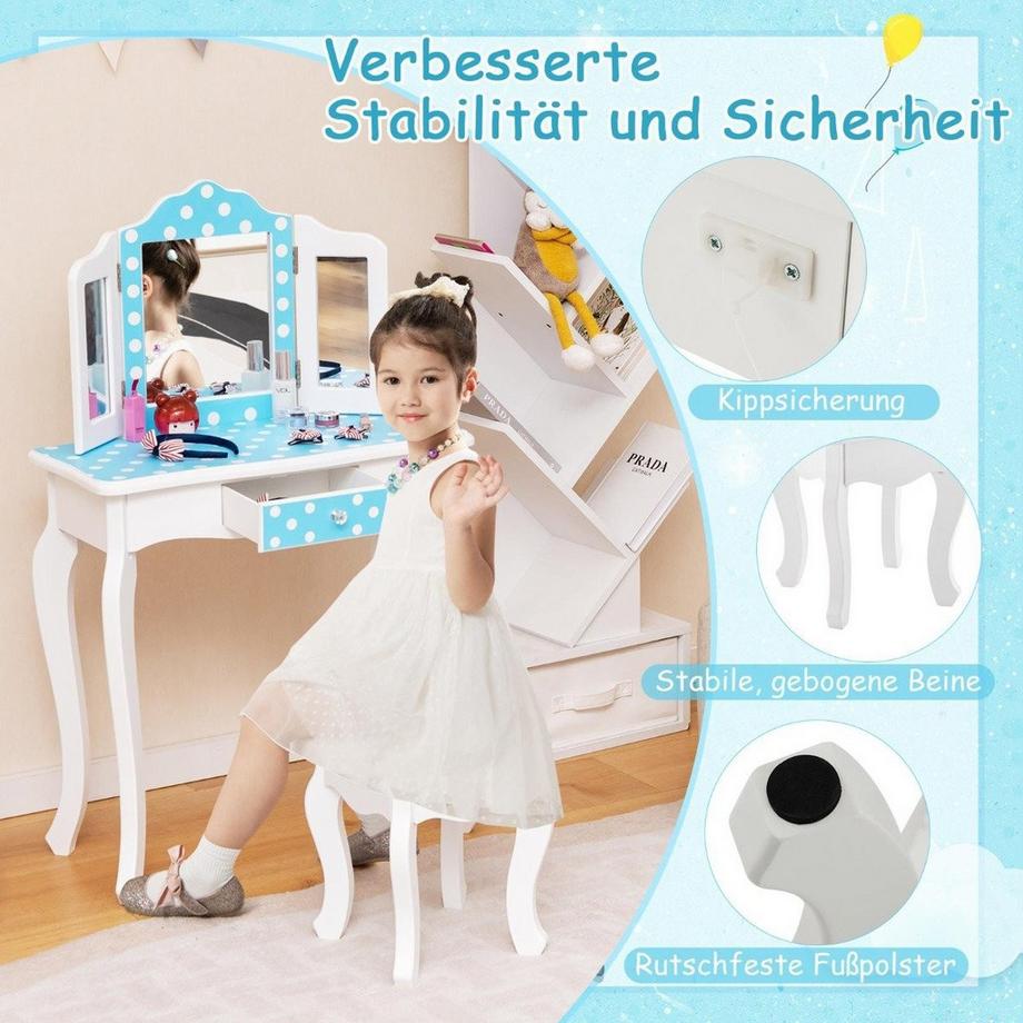 Northix  Coiffeuse enfant 2 en 1 avec tabouret & miroir triple rabattable & tiroir dot bleu 