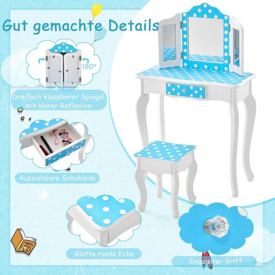 Northix  Coiffeuse enfant 2 en 1 avec tabouret & miroir triple rabattable & tiroir dot bleu 