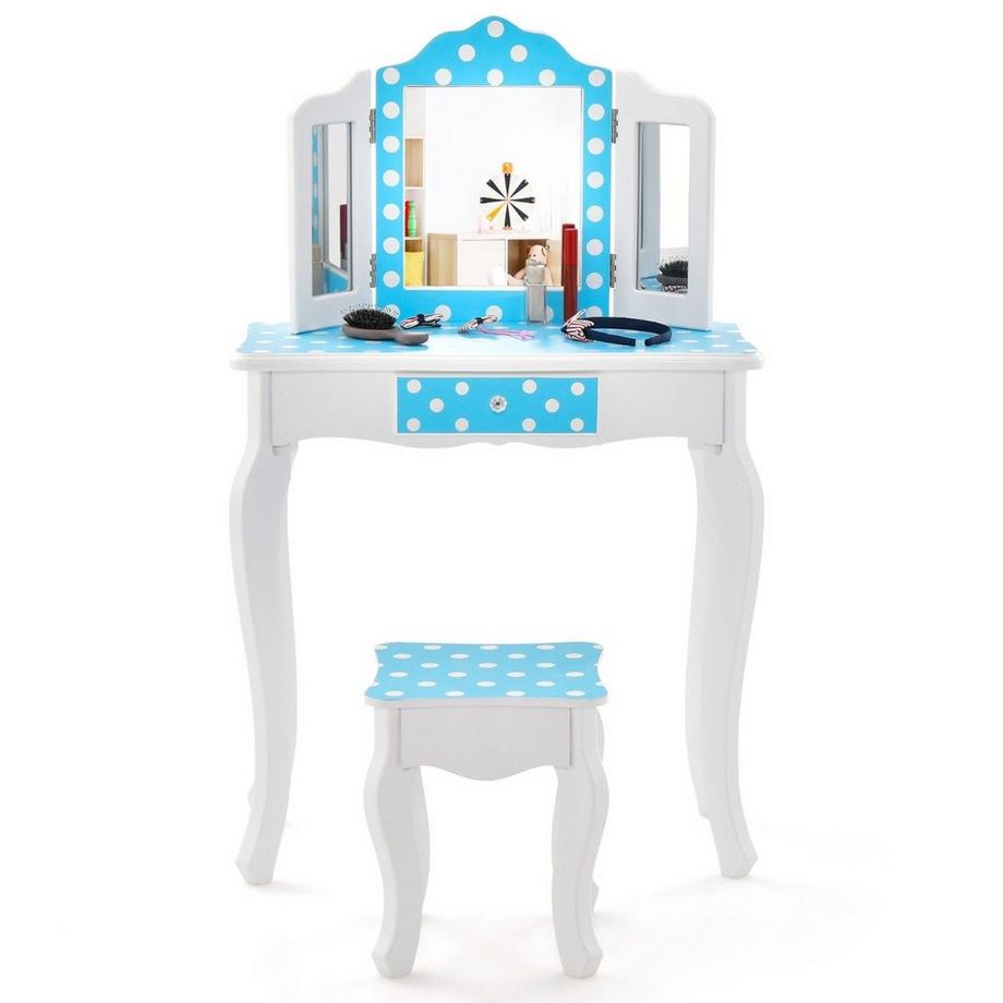 Northix  Coiffeuse enfant 2 en 1 avec tabouret & miroir triple rabattable & tiroir dot bleu 