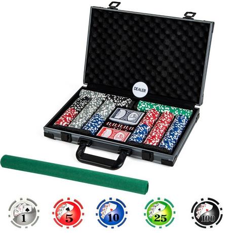 B2X  Set da poker con 400 chip laser, 2 carte da gioco, 5 dadi e custodia da poker in alluminio con pulsante del mazziere 
