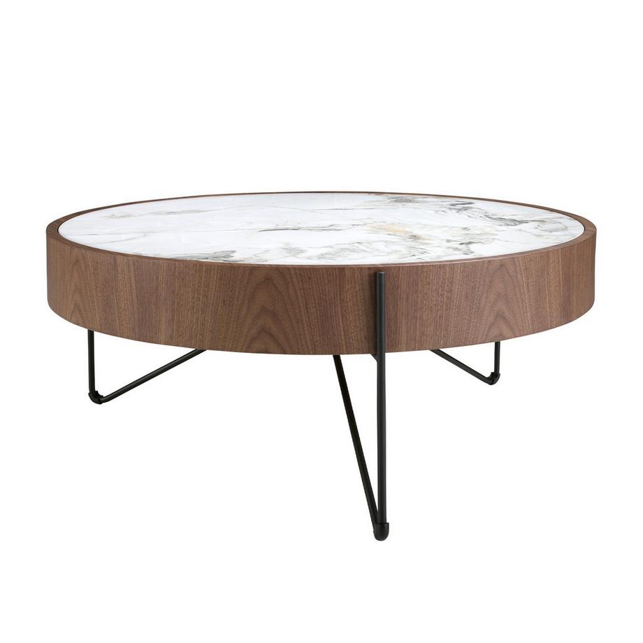 ANGEL CERDA Table basse ronde en marbre porcelaine, noyer et acier noir  