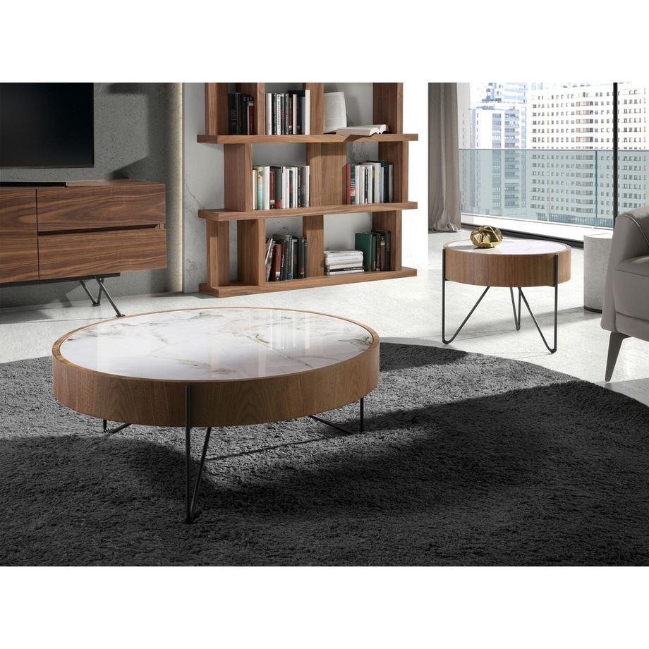 ANGEL CERDA Table basse ronde en marbre porcelaine, noyer et acier noir  