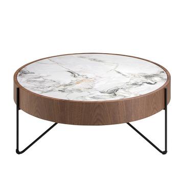 Table basse ronde en marbre porcelaine, noyer et acier noir