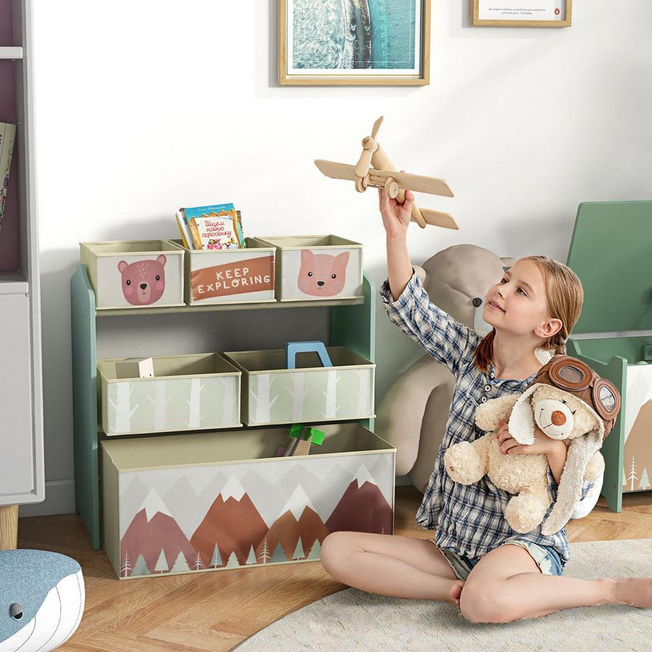 Northio  Kinderregal Spielzeugregal mit 6 herausnehmbare Boxen aus Vliesstoff, Kinderzimmerregal für Spielzimmer, Kindergarten, 63 x 30 x 66 cm, Grün 