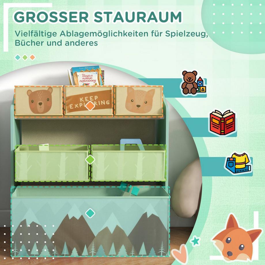 Northio  Kinderregal Spielzeugregal mit 6 herausnehmbare Boxen aus Vliesstoff, Kinderzimmerregal für Spielzimmer, Kindergarten, 63 x 30 x 66 cm, Grün 