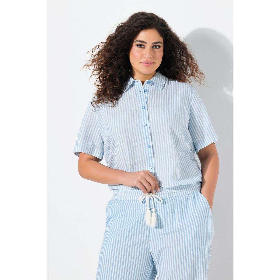 Ulla Popken Chemisier Seersucker Rayé Col Chemise Manches Courtes  