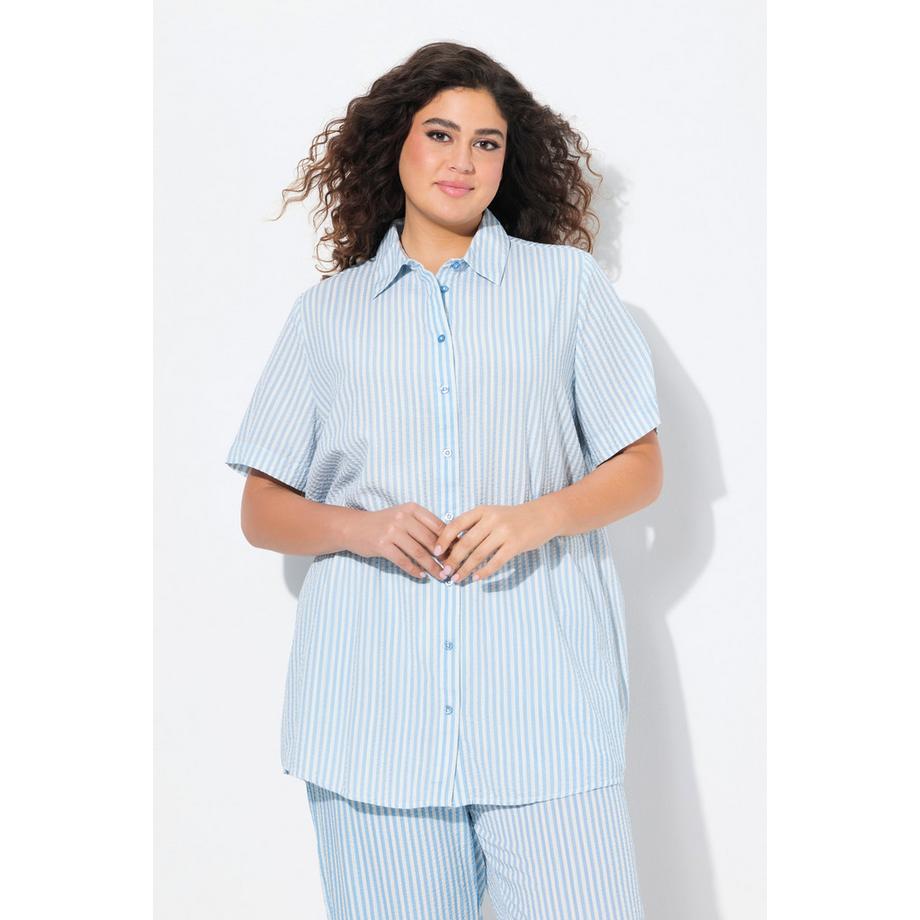 Ulla Popken Chemisier Seersucker Rayé Col Chemise Manches Courtes  