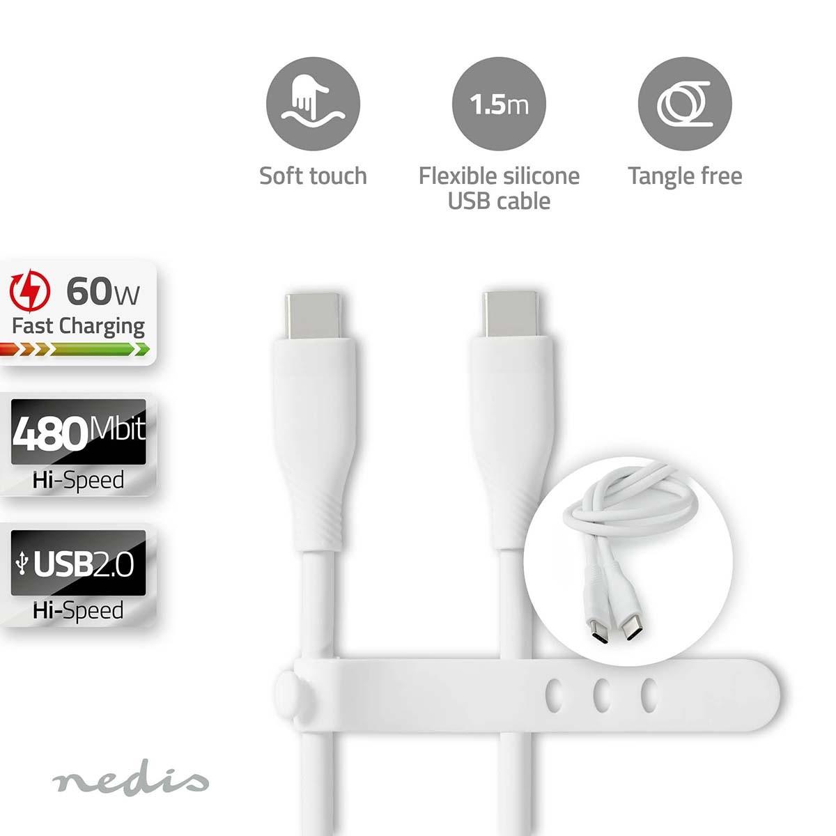 Nedis  Câble USB | USB 2.0 | USB-C™ mâle | USB-C™ mâle | 60 W | 480 Mbps | Nickelé | 1,50 m | Rond | Silicone | Blanc | Boîte 