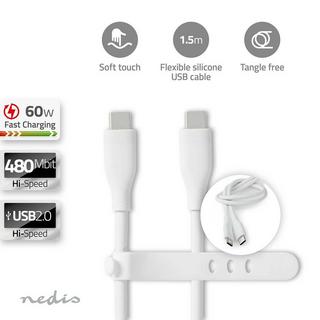 Nedis  Cavo USB | USB 2.0 | USB-C™ Maschio | USB-C™ Maschio | 60 W | 480 Mbps | Nichelato | 1,50 m | Rotondo | Silicone | Bianco | Scatola 