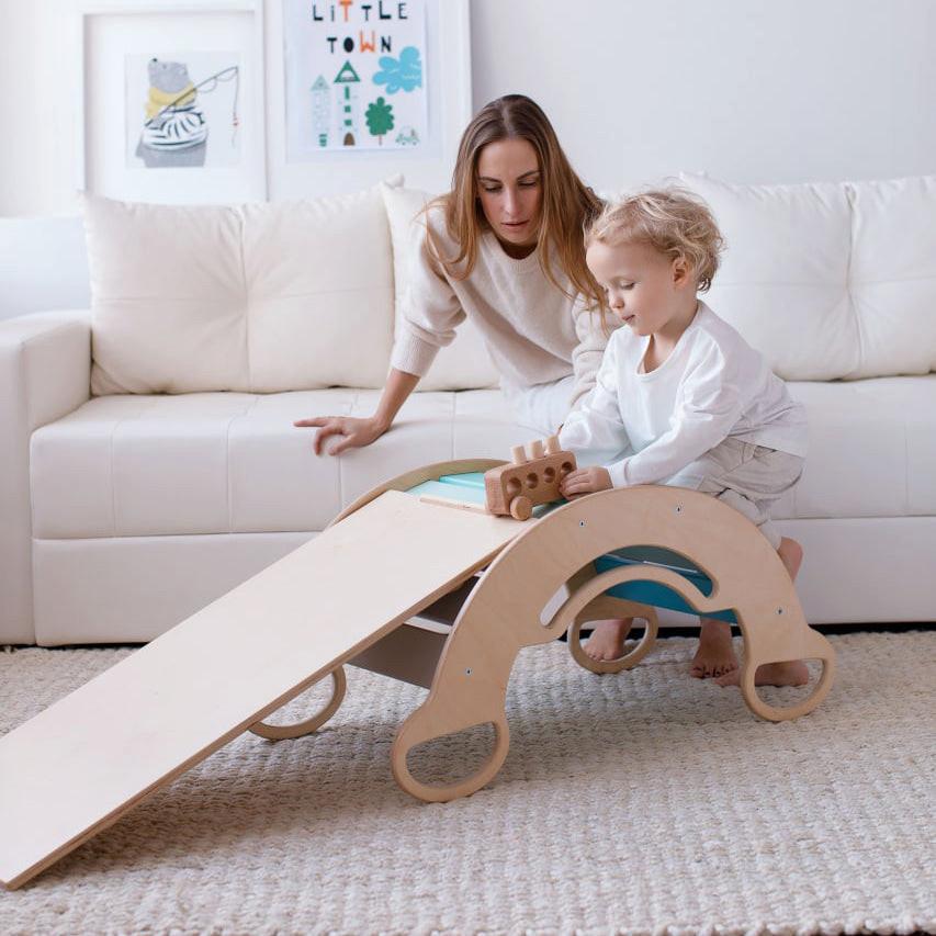 Montessori  Set aus Wippe, doppelseitigem Brett und Stuhl in Minze - Perfekt für Kinder 