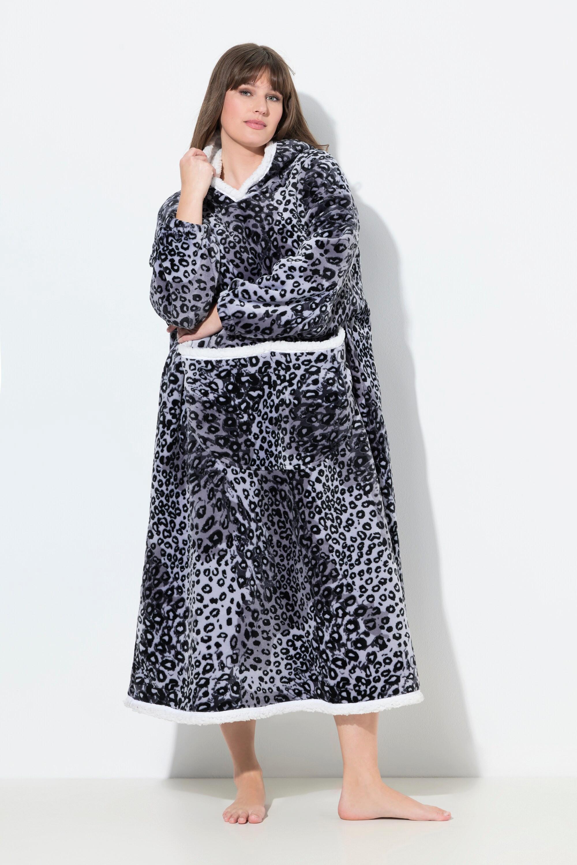 Ulla Popken Poncho Loungewear Motif Léopard Capuche Manches Longues avec Poche  