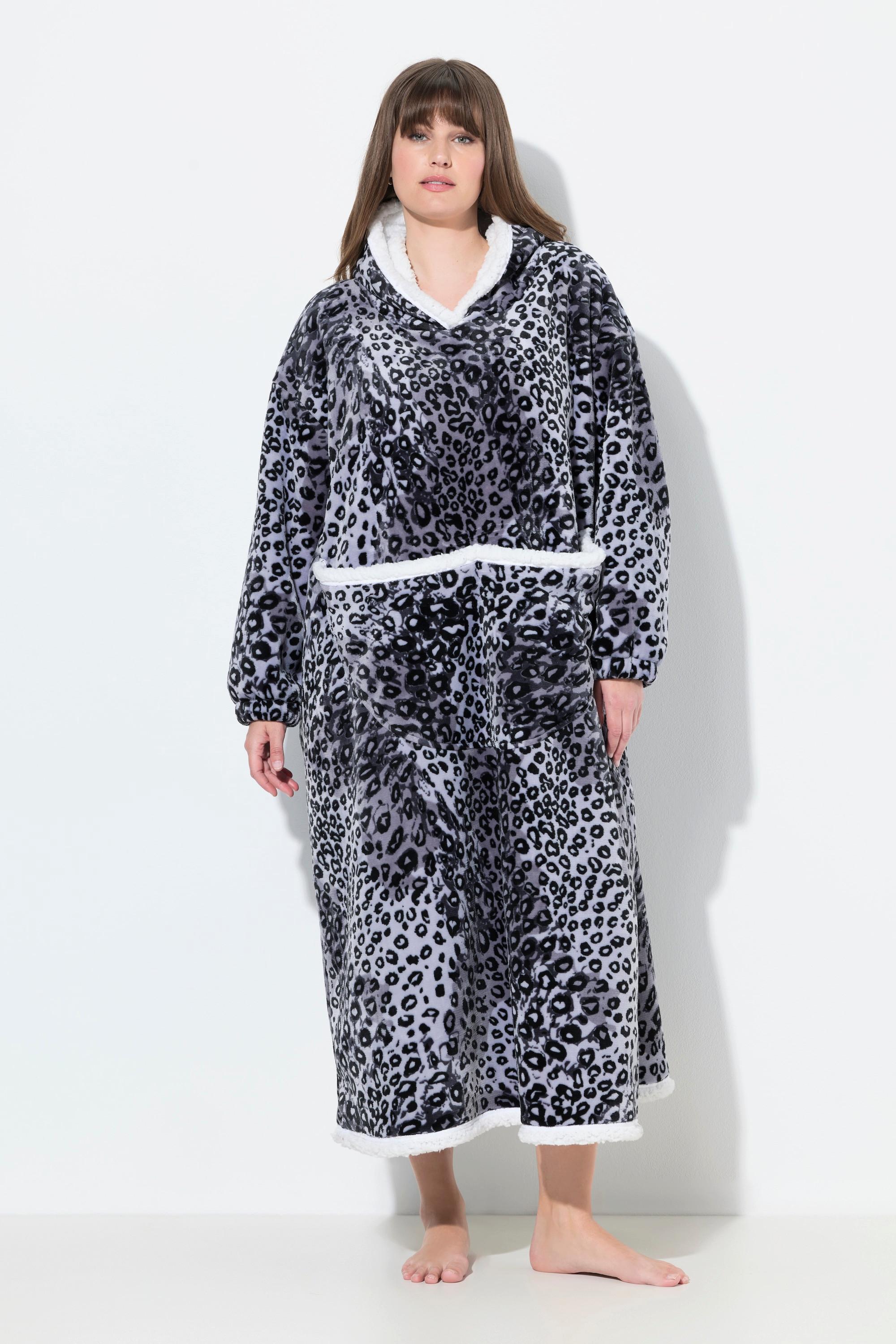 Ulla Popken Poncho Loungewear Motif Léopard Capuche Manches Longues avec Poche  