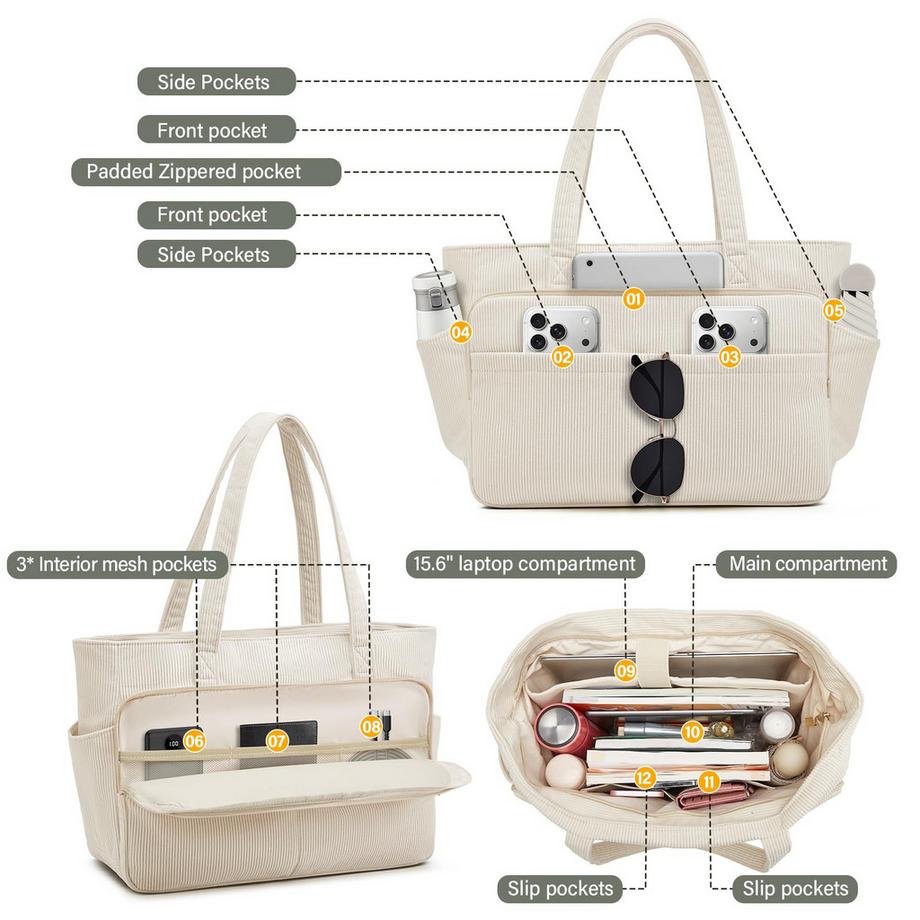 Only-bags.store Borsa Shopper Grande con Scomparto per Laptop da 15,6 Pollici e 12 Tasche  
