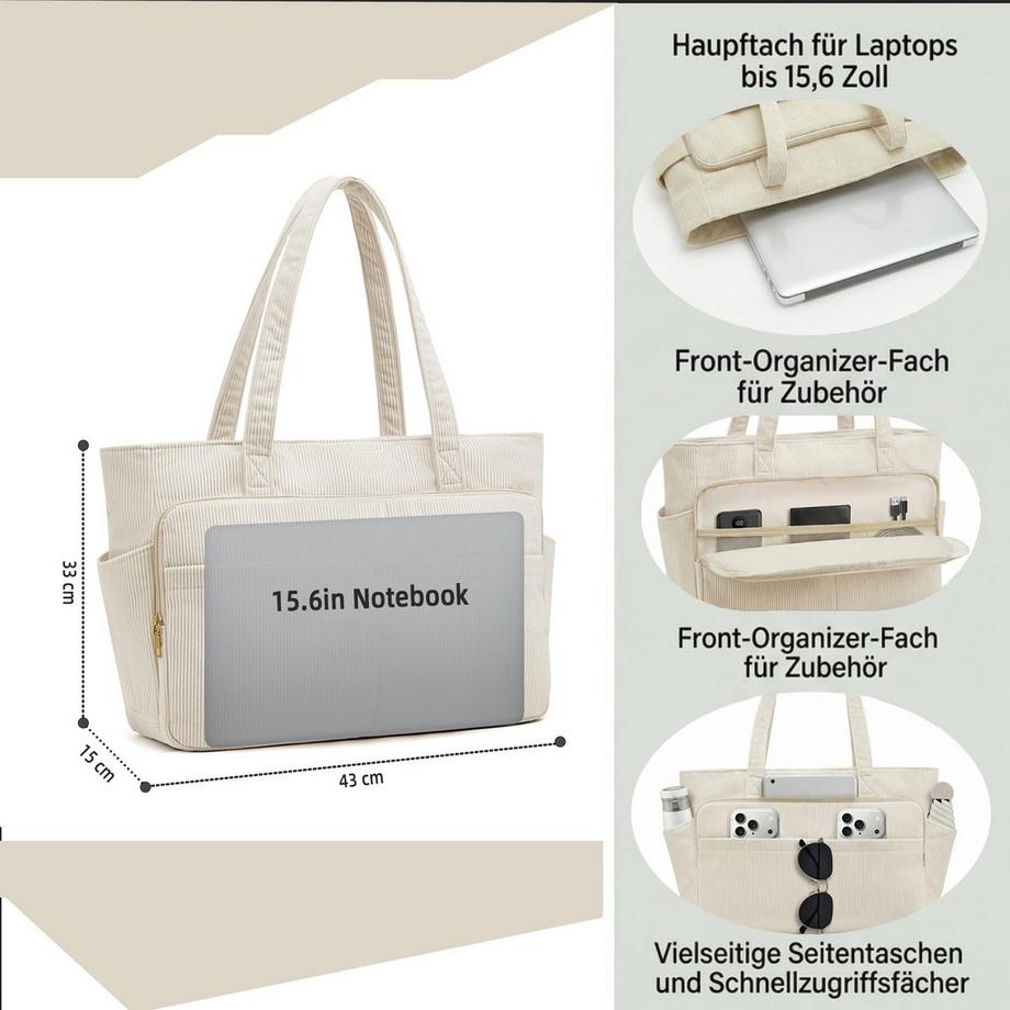 Only-bags.store Borsa Shopper Grande con Scomparto per Laptop da 15,6 Pollici e 12 Tasche  