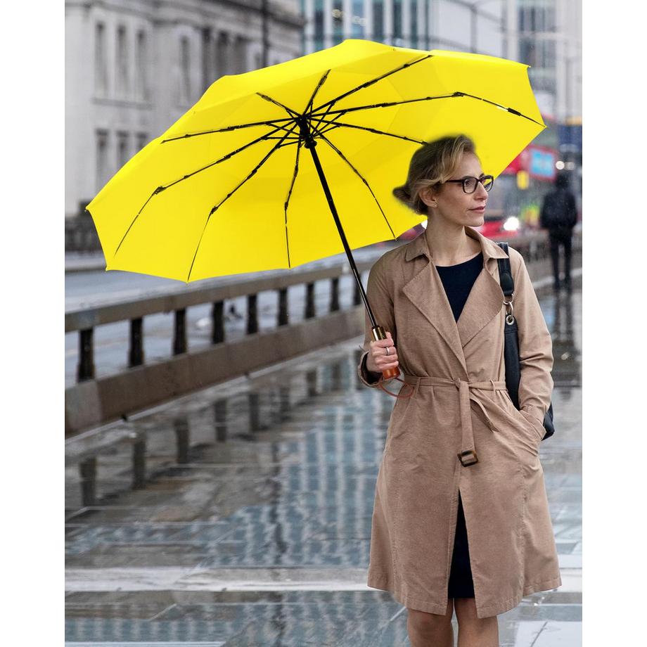 Alopini  Automatischer großer sturmsicherer Regenschirm, Taschenschirm mit belüftetem Doppeldach und Holzgriff 