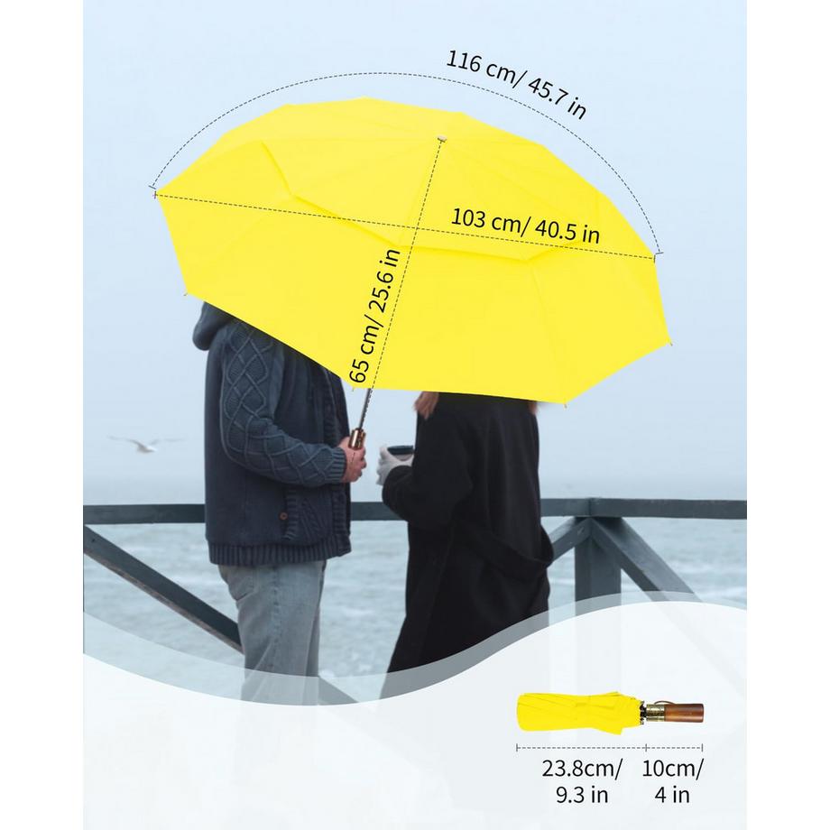 Alopini  Automatischer großer sturmsicherer Regenschirm, Taschenschirm mit belüftetem Doppeldach und Holzgriff 
