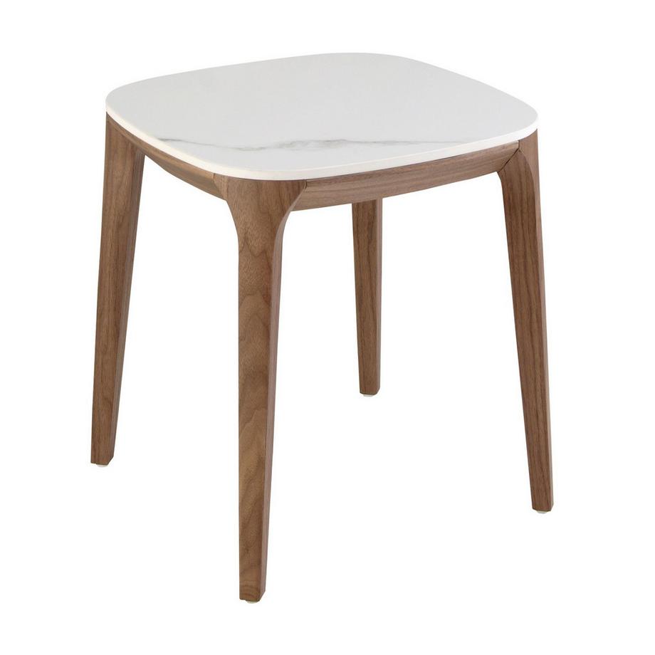 Quadratischer Ecktisch aus Porzellanmarmor und Nussbaum