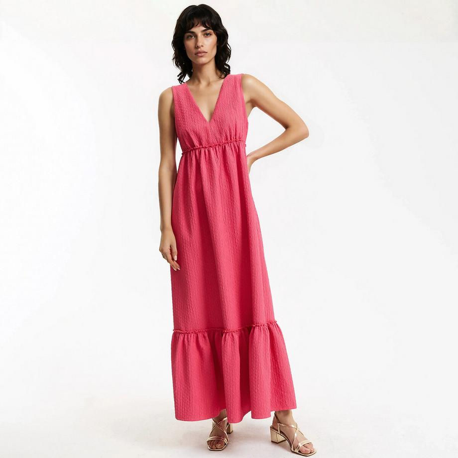 Langes ärmelloses V-Ausschnitt-Kleid mit Volants
