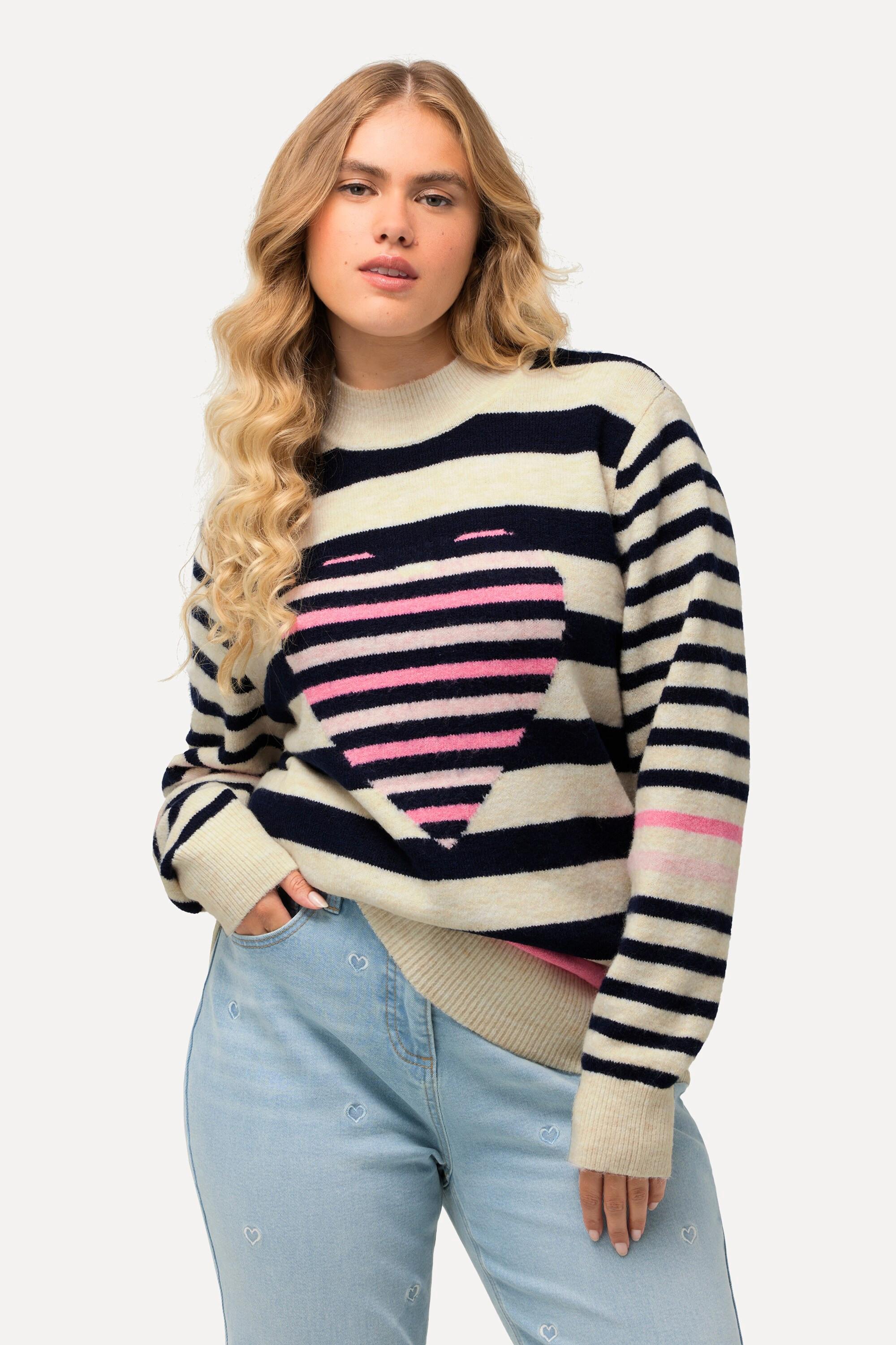 Ulla Popken  Pullover, Ringel, Herz, Stehkragen, Langarm 