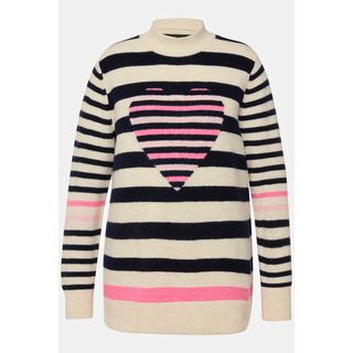 Ulla Popken  Maglione con righe, cuori, collo alto e maniche lunghe 