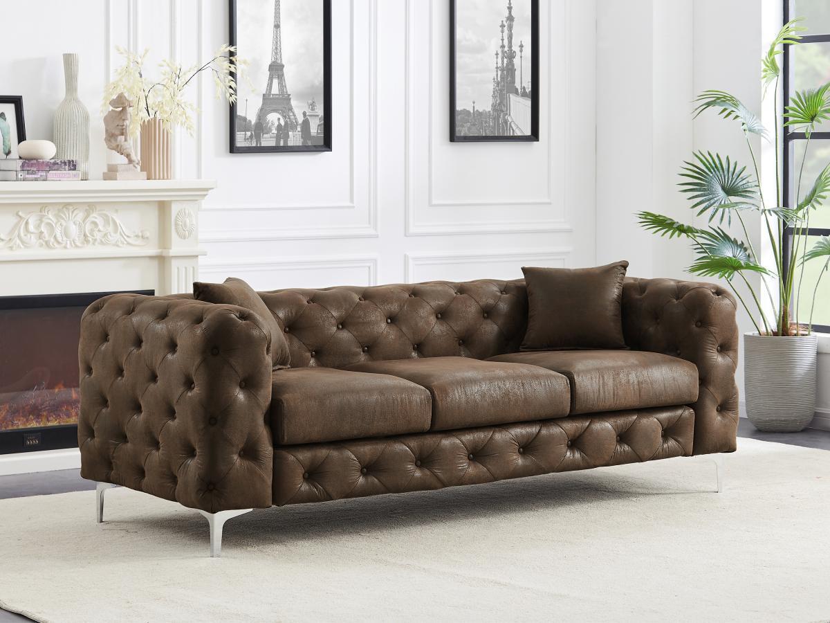 Vente-unique Canapé 3 places chesterfield en microfibre aspect cuir vieilli EDWINA  