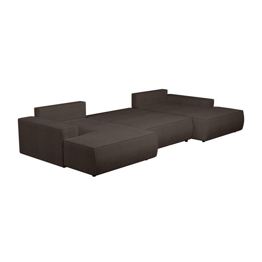 Vente-unique Grand canapé d'angle panoramique convertible en velours côtelé marron AMELIA  
