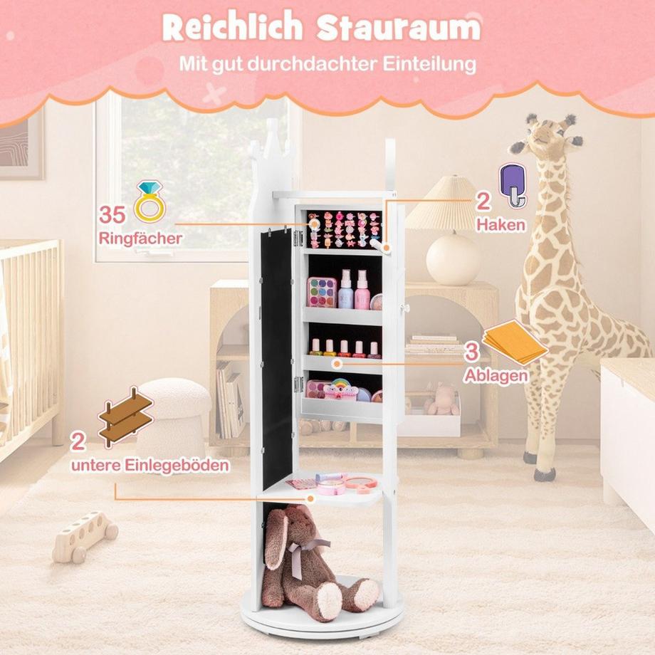 Northix Armadietto per gioielli per bambini 4 in 1, armadietto a specchio girevole a 360° con specchio a figura intera bianco  