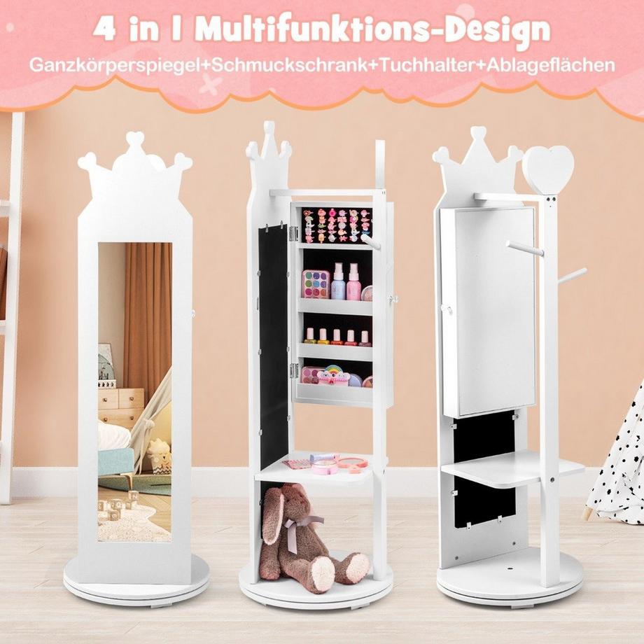 Northix Armadietto per gioielli per bambini 4 in 1, armadietto a specchio girevole a 360° con specchio a figura intera bianco  