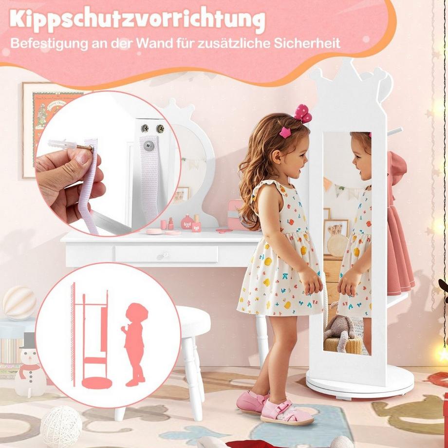 Northix Armadietto per gioielli per bambini 4 in 1, armadietto a specchio girevole a 360° con specchio a figura intera bianco  