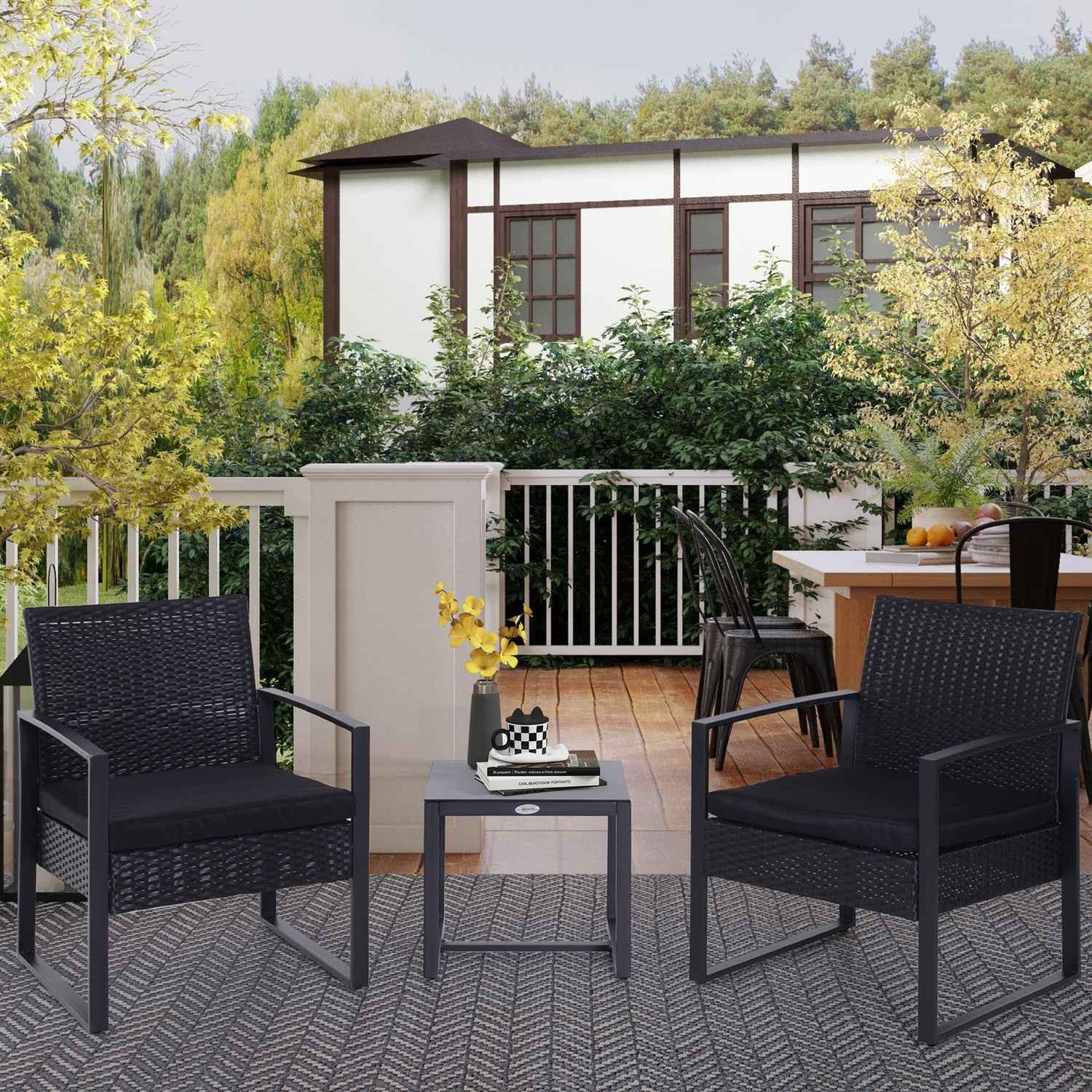 Outsunny Set Da Giardino In Polyrattan Per 2 Persone Set Di Mobili Da Balcone Con Cuscini Neri  