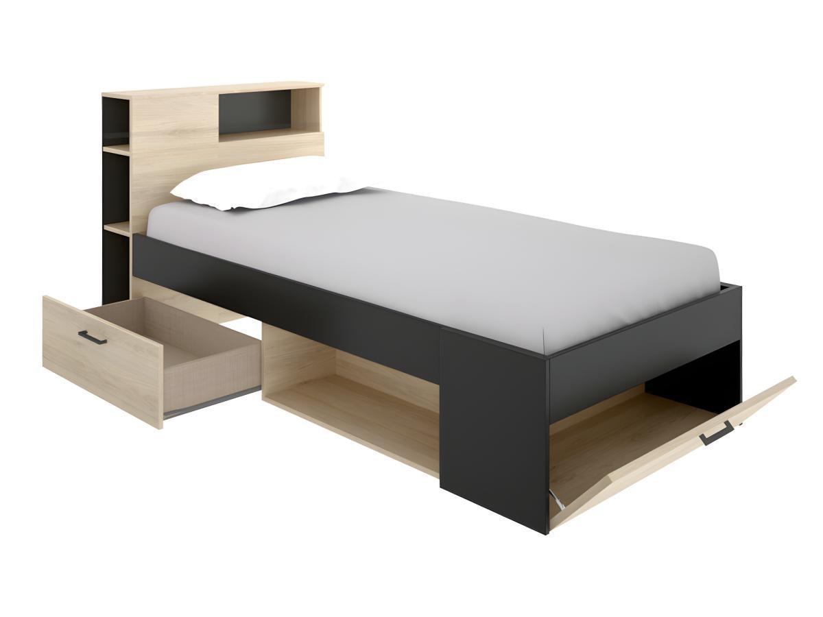 Vente-unique Bett mit Kopfteil, Stauraum & Schublade - 90 x 190 cm + Lattenrost - Anthrazit und Holzfarben - LEANDRE  