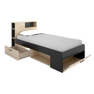 Vente-unique Bett mit Kopfteil, Stauraum & Schublade - 90 x 190 cm + Lattenrost - Anthrazit und Holzfarben - LEANDRE  