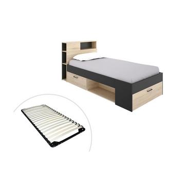 Letto con testata, vani portaoggetti e cassetto 90 x 190 cm Antracite e Naturale + Rete - LEANDRE