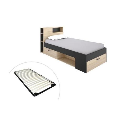 Vente-unique Bett mit Kopfteil, Stauraum & Schublade - 90 x 190 cm + Lattenrost - Anthrazit und Holzfarben - LEANDRE  