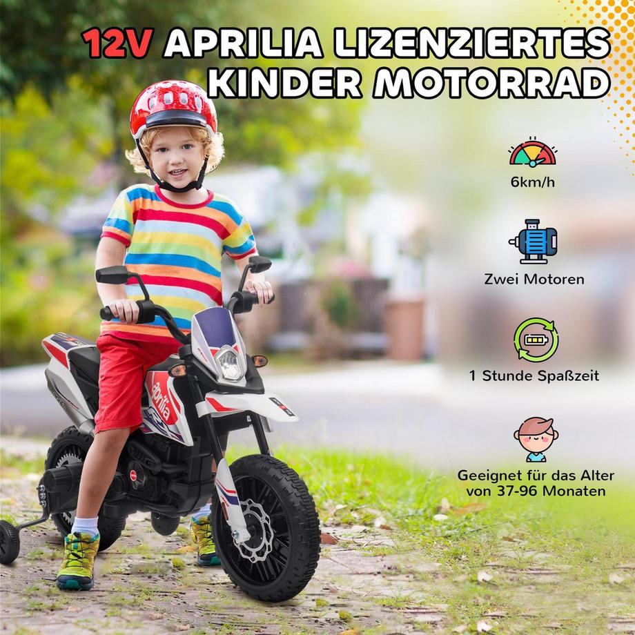 Northio  Kinder Elektro-Motorrad, 12V Kindermotorrad mit Musik, 6 km/h Kinderfahrzeug mit abnehmbar Trainingsrädern, 12 Zoll Kunststoffreifen, für 3-8 Jahre Kinder, max. 30 kg, Weiß 