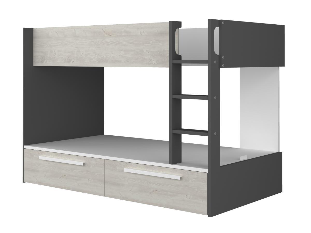 Vente-unique Etagenbett mit 2 Schubladen - 2x 90 x 200 cm - Anthrazit, Naturfarben & Weiß - TINOLI  