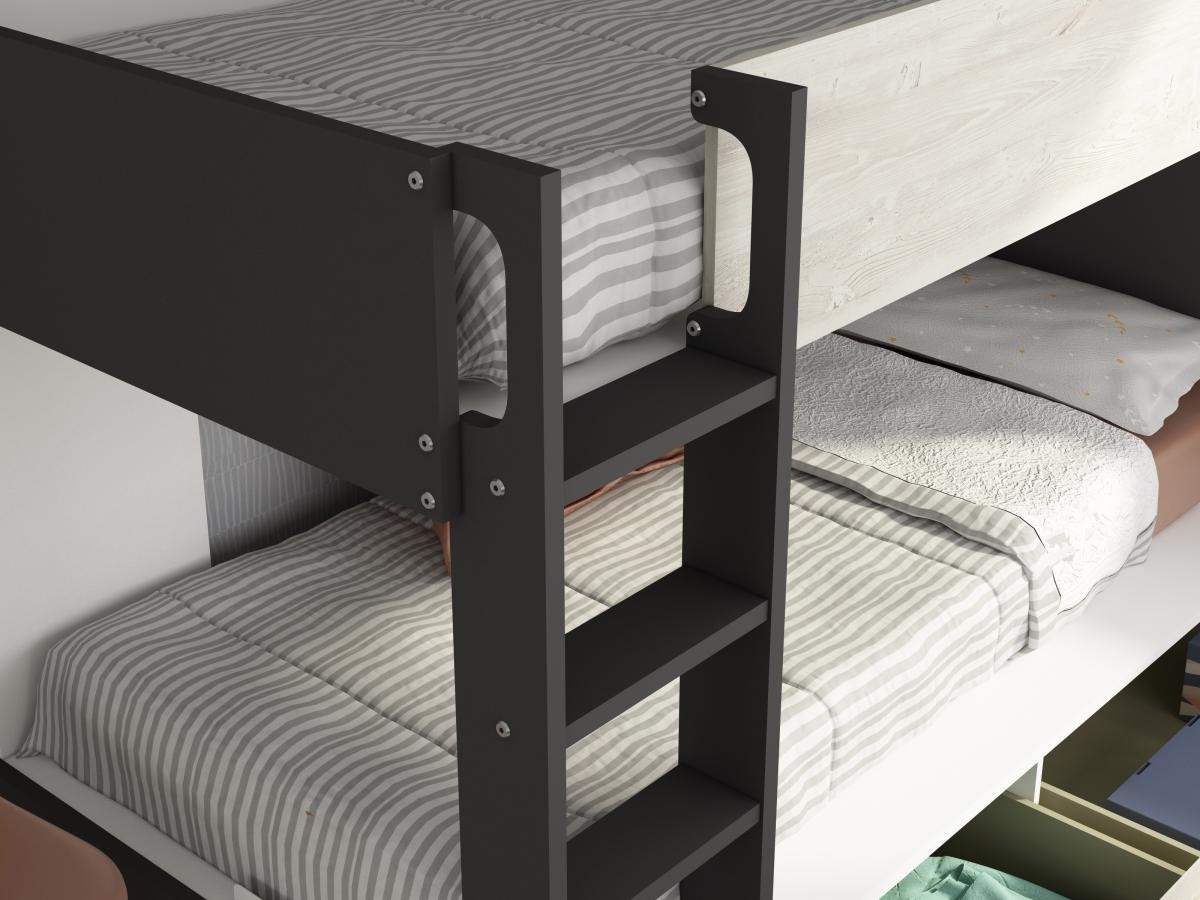 Vente-unique Etagenbett mit 2 Schubladen - 2x 90 x 200 cm - Anthrazit, Naturfarben & Weiß - TINOLI  