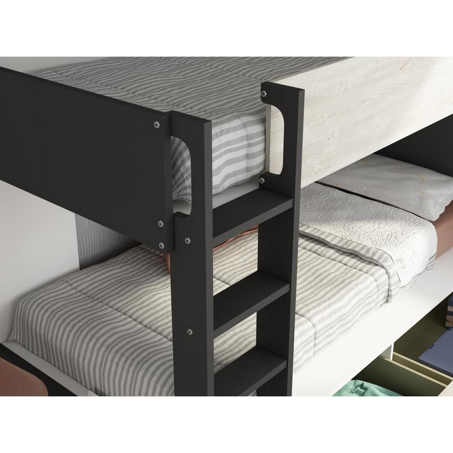 Vente-unique Lits superposés 2 x 90 x 200 cm - 2 tiroirs - Anthracite, naturel et blanc - TINOLI  