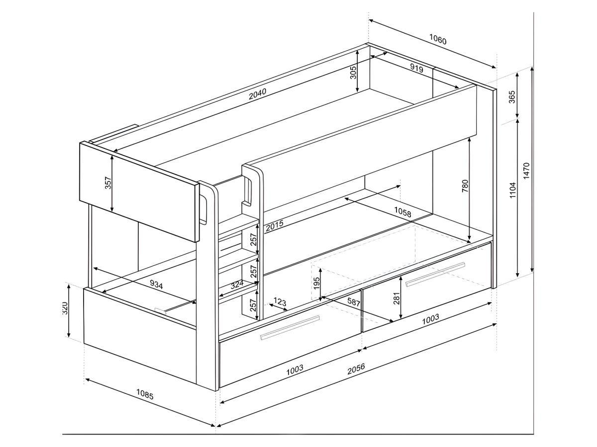 Vente-unique Etagenbett mit 2 Schubladen - 2x 90 x 200 cm - Anthrazit, Naturfarben & Weiß - TINOLI  
