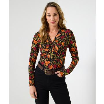 Jersey-Top mit Blumenprint, Kragen und Twistfront
